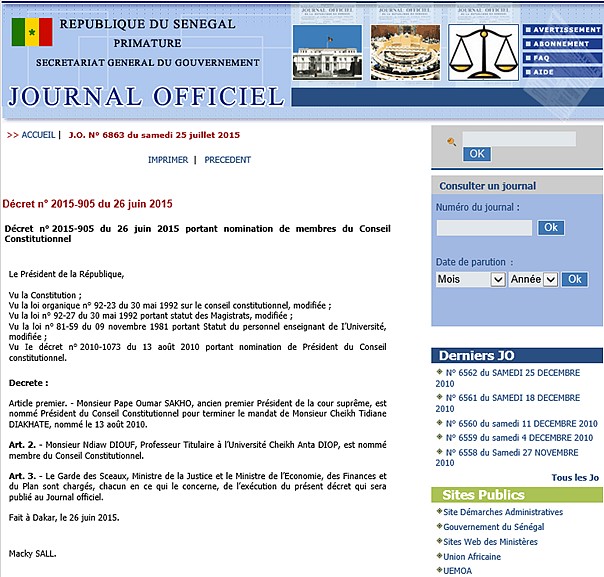 L’erreur du Palais qui « destitue » le président du Conseil Constitutionnel 1 DECRET PAPE OUMAR SAKHO 1
