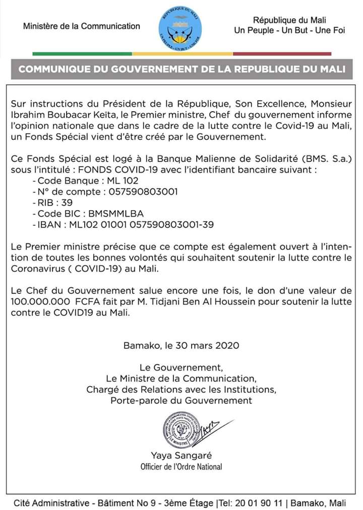 Le Mali met en place un fond Anti-Coronavirus 1 FB IMG 1585657187099