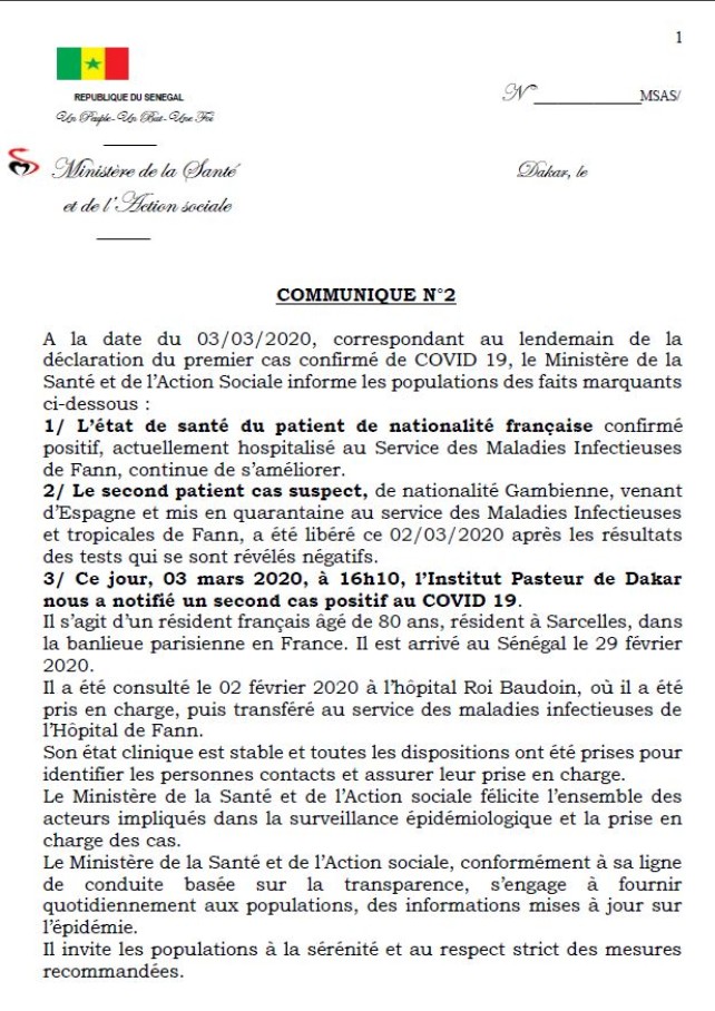 communiqué du ministère de la santé