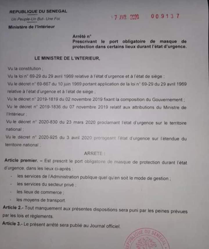 Arrêté de port de masque obligatoire du 07 avril 2020