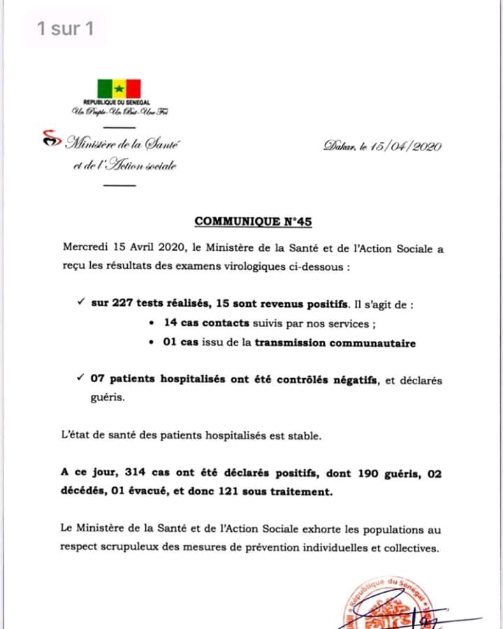Coronavirus : Le Sénégal dépasse la barre des 300...15 nouveaux cas testés positifs 1 FB IMG 15869464078980485