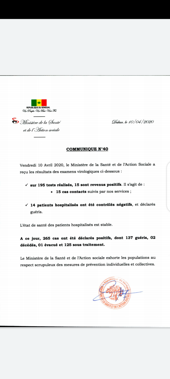 Coronavirus : Le Sénégal enregistre 15 nouveaux cas positifs et zéro cas communautaire...ce vendredi 1 Screenshot 20200410 102345