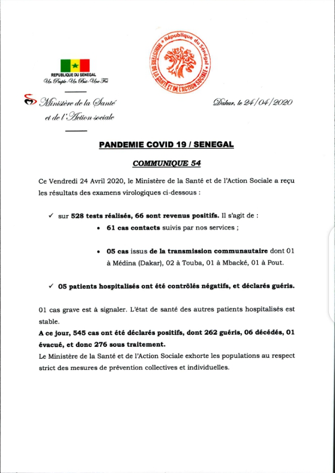 Le Sénégal dépasse la barre des 500 : 66 personnes testés positives ce vendredi 1 Screenshot 20200424 102652 1587724044485
