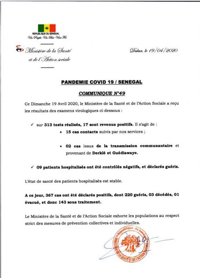 Sénégal-Bilan : le Covid-19 avance encore avec...17 cas positifs 1 com santé 19 avril