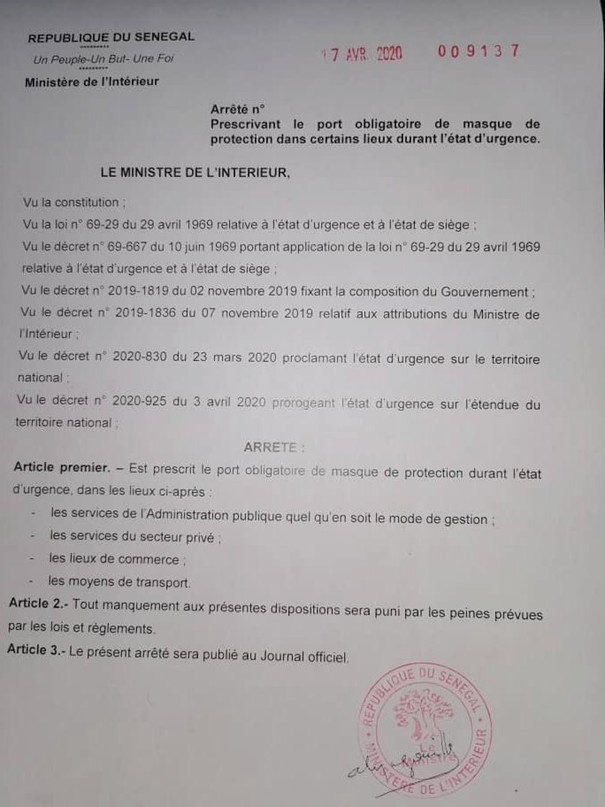 port de masque Sénégal