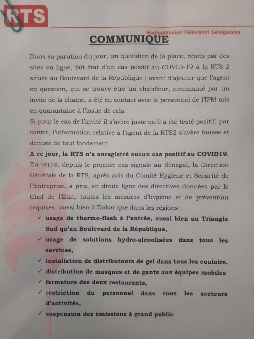 Coronavirus : Cas positif avéré...La RTS dément 1 rts communiqué