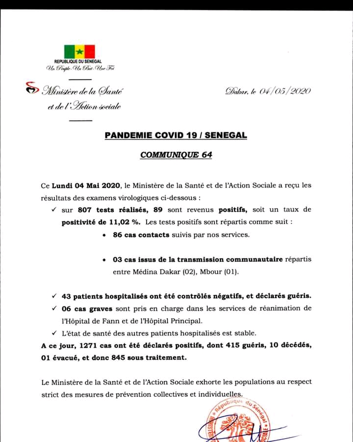 Covid-19 : Le Sénégal enregistre 89 nouveaux cas positifs...ce Lundi 1 FB IMG 15885868533933123