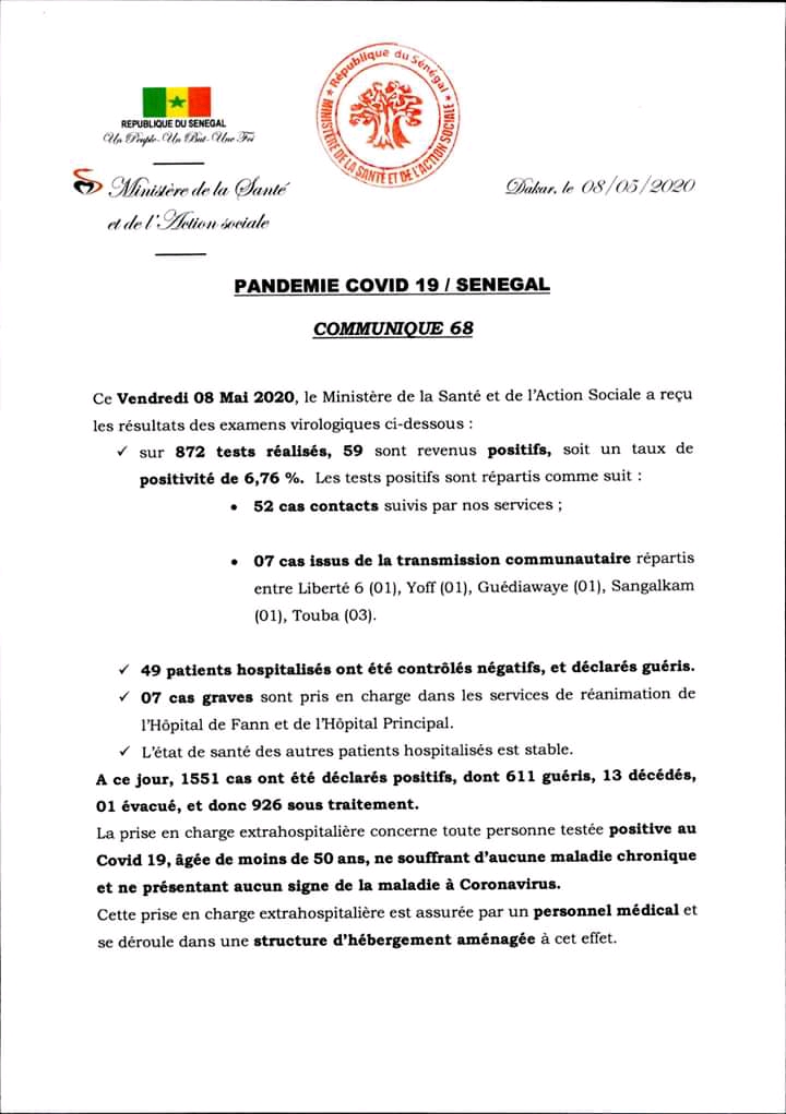 Covid-19 : Le Sénégal dépasse la barre des 1500...59 nouveaux cas ce vendredi 1 FB IMG 15889326374013380