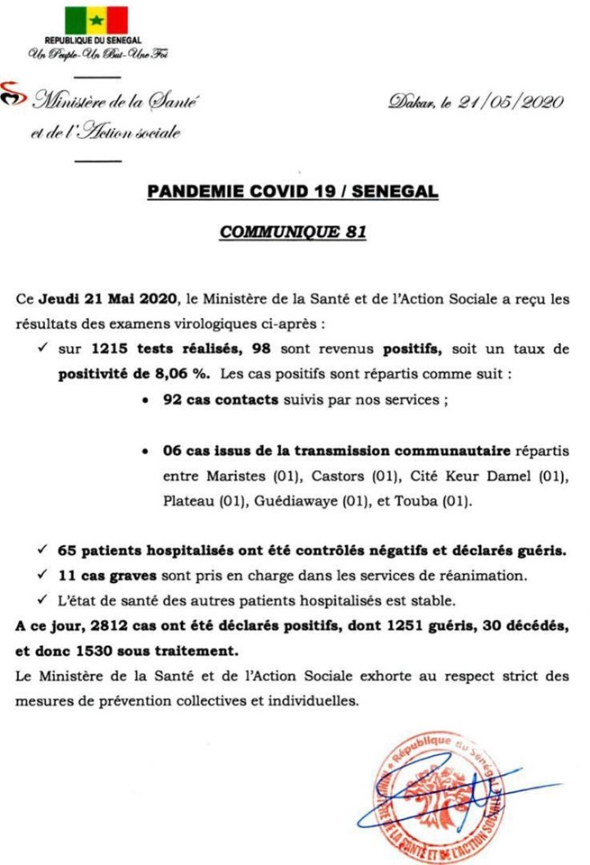 Sénégal-Bilan-Covid-19...Les cas positifs passent à 98 1 cas