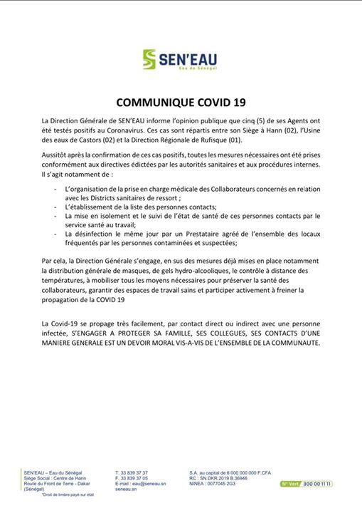 5 agents de Sen’Eau testés positifs à la Covid-19 ! 1 sen eau