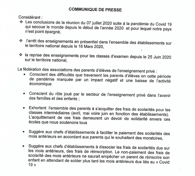 Covid-19 : Les écoles privées demandent toujours le paiement des mensualités 1 Capture decran 35