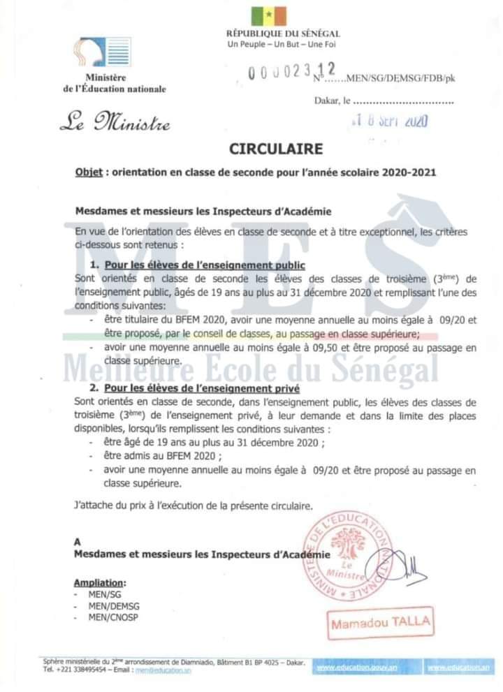 Mamadou Talla fixe les conditions d'orientation en classe de seconde... 1 circulaire MEN