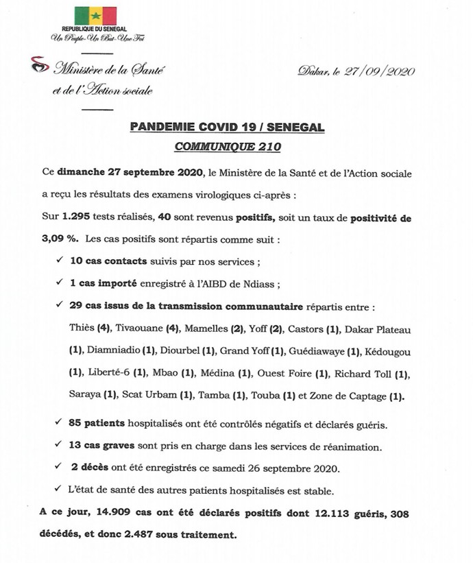 Sénégal-Bilan-Covid-19 : deux décès annoncés ce dimanche 1 covid