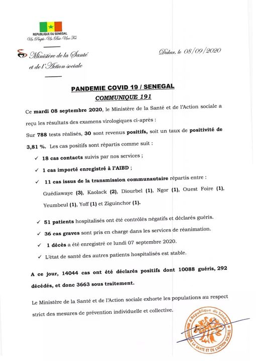 Bilan Covid-19 : Un nouveau décès enregistré ce mardi au Sénégal 1 communiq