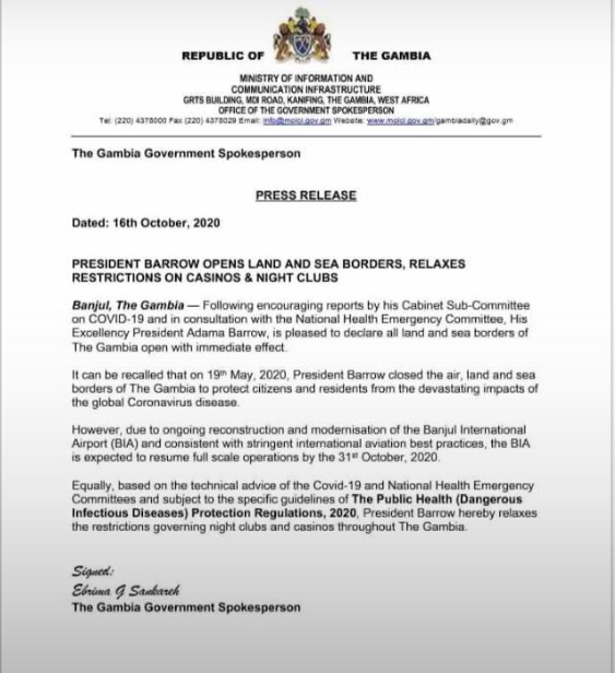 Gambie : Le président Barrow rouvre tout...Frontières, discothèques et Casino 1 Gambie com