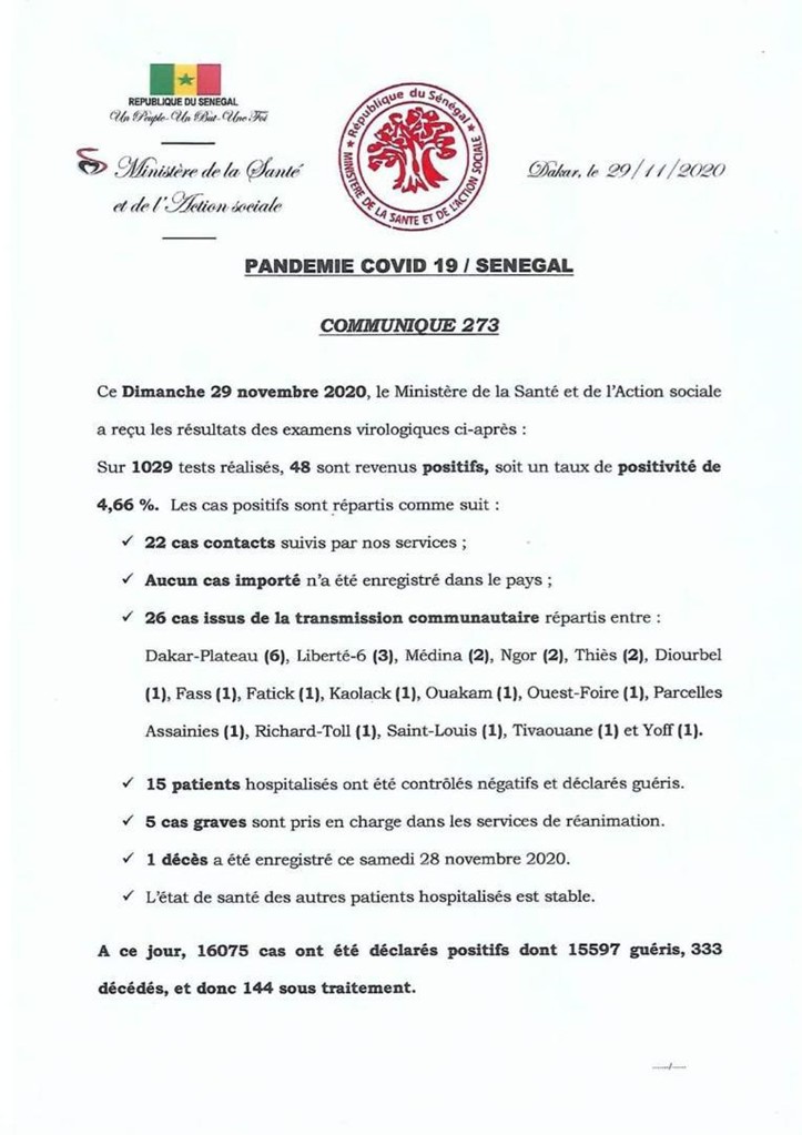 Sénégal-Bilan-Covid-19 : un (01) décès annoncé ce dimanche 1 covid