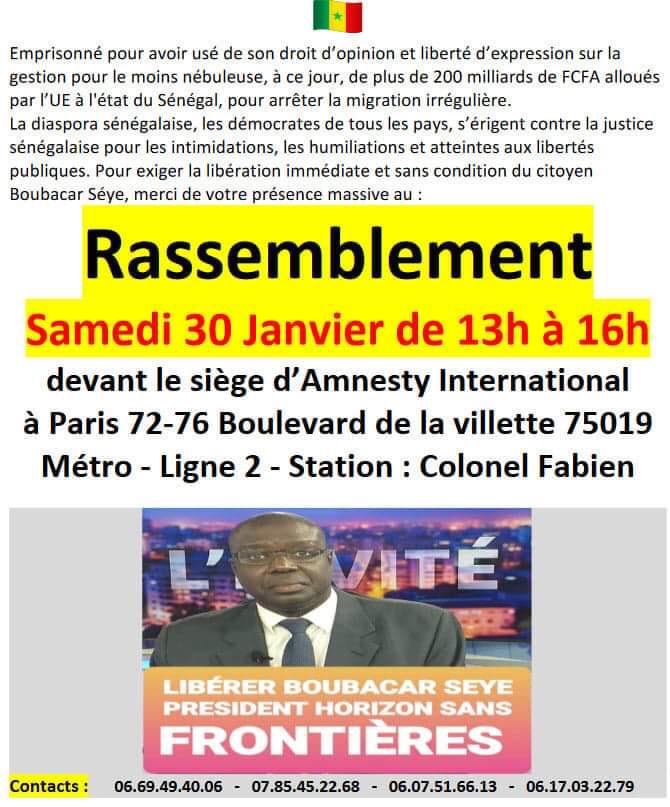 Rassemblement pour la liberation de Boubacar SEYE a Paris le 31 janvier 2021