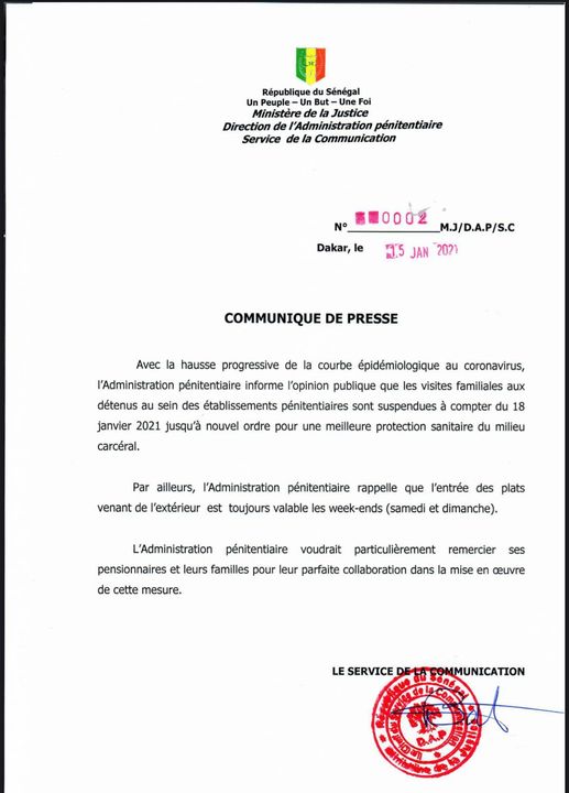 Les visites familiales suspendues dans les Prisons...à partir du 18 janvier 1 administration penitentiaire