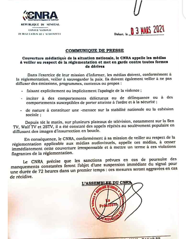 Couverture médiatique affaire Sonko : CNRA menace la Sen TV, Walf et la 2S TV 1 Screenshot 20210303 184748