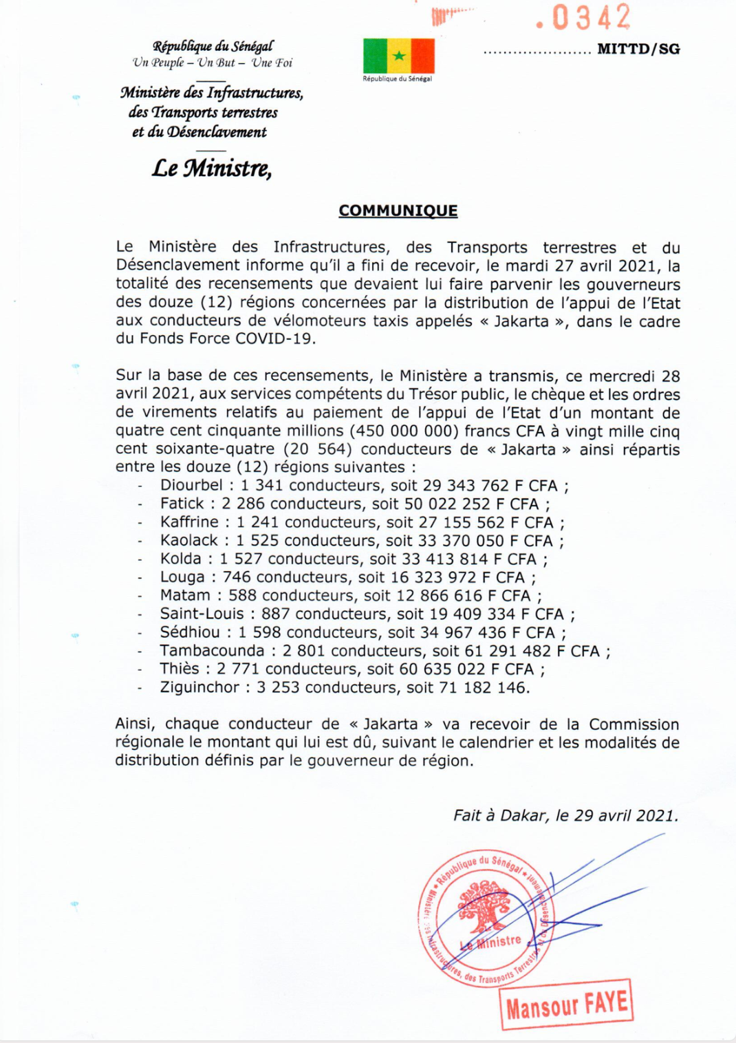 Fonds Covid...Chaque "Jakarta-man" recevra 21.882 FCFA ! 1 communique Mansour Faye