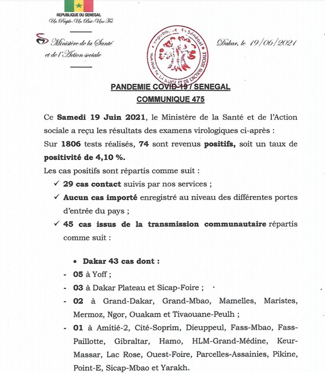 Sénégal-Bilan-Covid-19 : zéro (00) décès annoncé ce samedi 1 covid