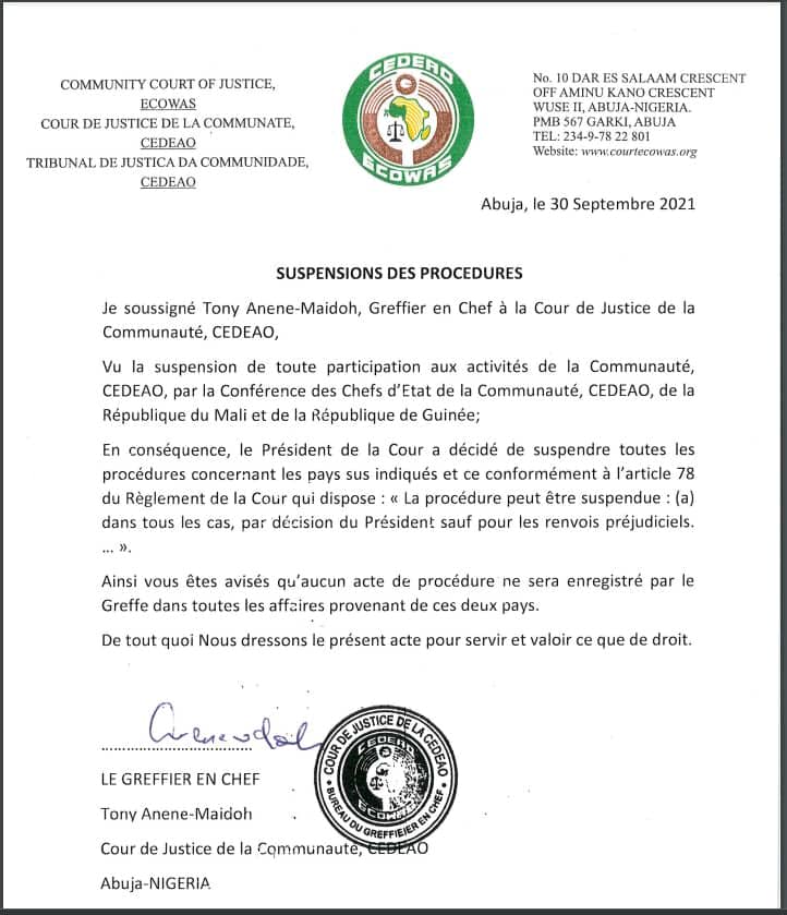 Cedeao suspension de procedures