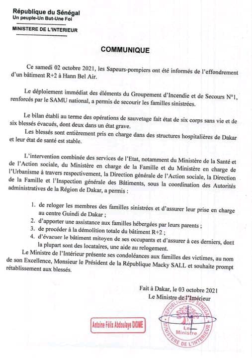 Communique du gouvernement sur leffondrement dun immeuble qui a cause 6 deces