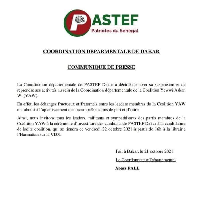 Pastef-Dakar revient dans la coalition Yewwi Askan Wi 1 FB IMG 1634843761040