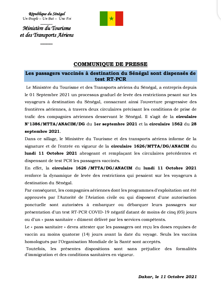 Les passagers vaccinés dispensés de tests RT-PCR 1 Screenshot 20211011 172440