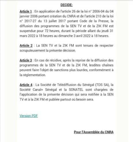 Les programmes de la Sen Tv et de Zik Fm suspendus par le CNRA (documents) 2 221776877230 status a1dad45967b1455ebcf7f63689829ed4