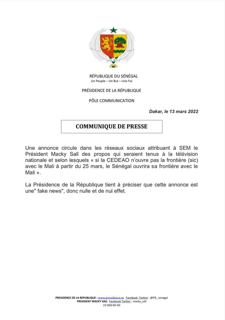 Frontière Sénégal-Mali : La présidence dément une fausse information sur les réseaux sociaux 1 FB IMG 1647182948388
