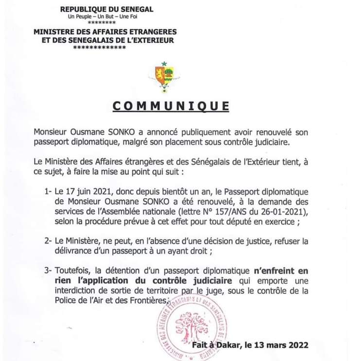 Passeport Diplos de Sonko...les Précisons du ministère des Affaires Étrangères 1 FB IMG 1647200177244