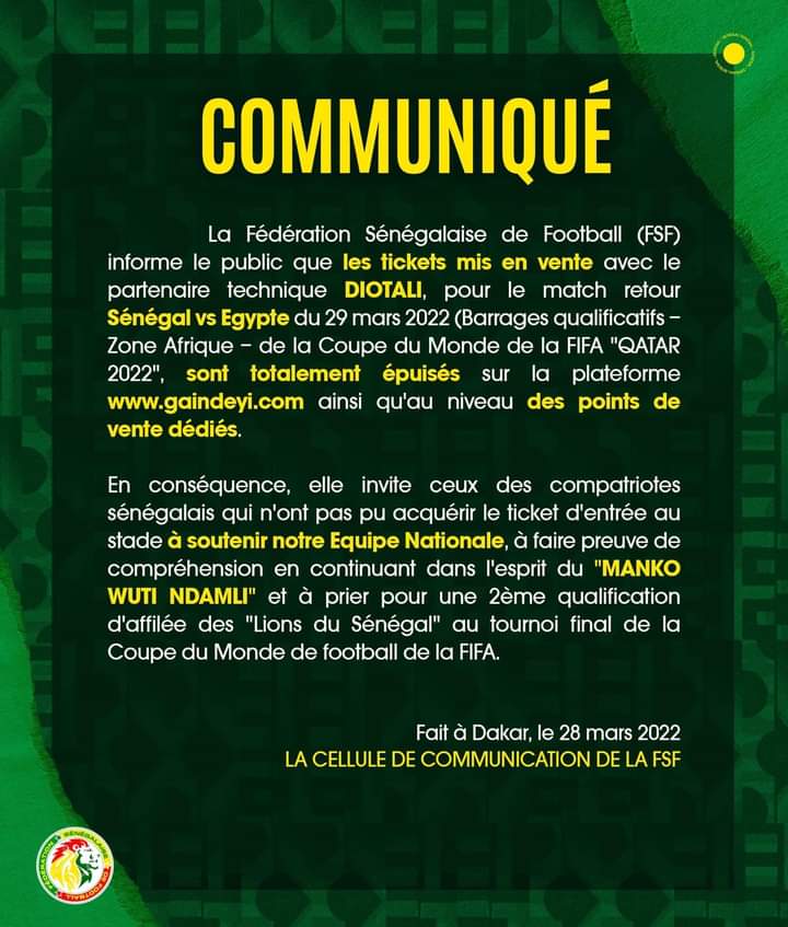Sénégal-Egypte : les tickets sont totalement épuisés (FSF) 1 FB IMG 1648488597032