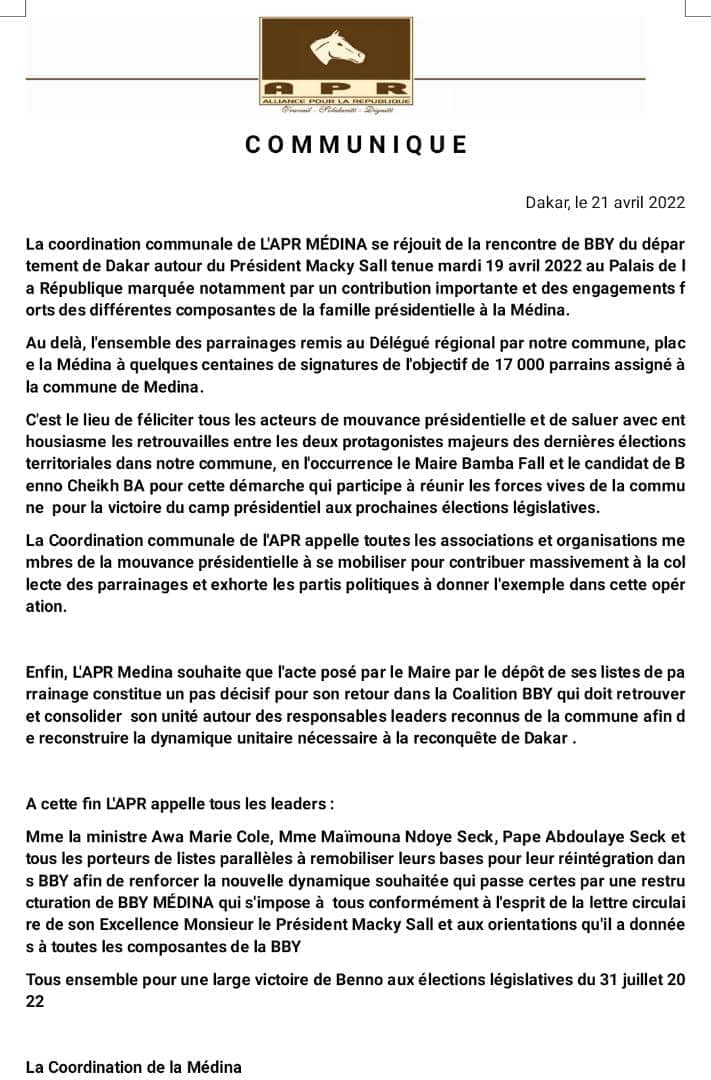 Législatives : L'APR Médina pour une remobilisation victorieuse (communiqué) 1 278862090 296390659341506 5693661831006522593 n