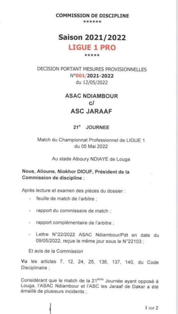 Incidents Ndiambour-Jaraaf : Les sanctions sont tombées (documents) 1 1652817881 6283ffd9a3b21 582x1024 1