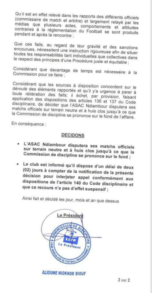 Incidents Ndiambour-Jaraaf : Les sanctions sont tombées (documents) 2 1652817903 6283ffef02ed8 533x1024 1