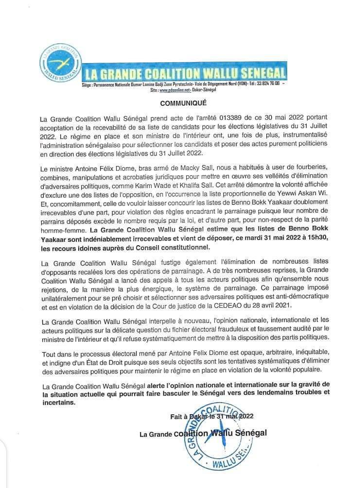 "Les listes de Benno sont indéniablement irrecevables" (Wallu Sénégal) 1 IMG 20220531 WA0066