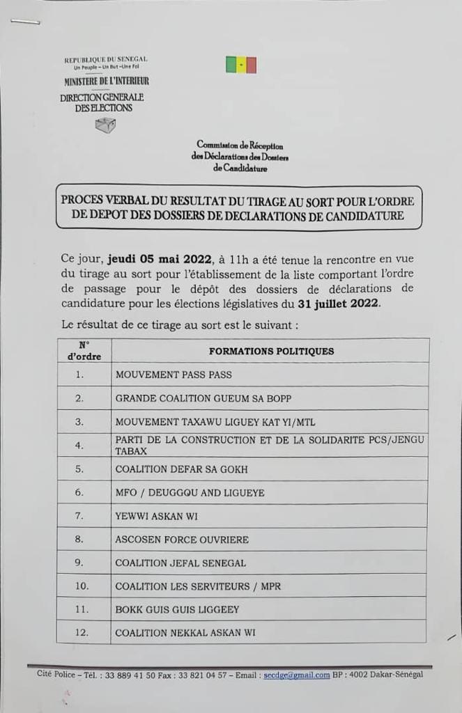 Législatives 2022 : Les résultats du tirage au sort pour les dépôts de candidatures connus ! 1 PHOTO 2022 05 05 16 29 35