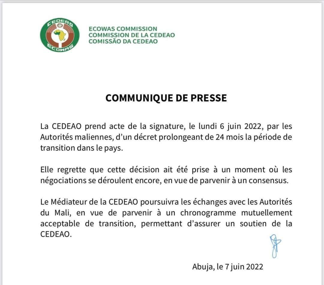 Prorogation de la transition au Mali : La réaction de la CEDEAO (document) 1 221775511686 status ddd08a7953d04fddbe57056efffabb61