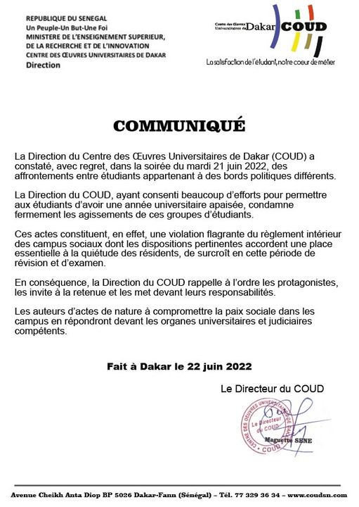 Violences à l'UCAD : Les mises en garde du COUD 1 COUD