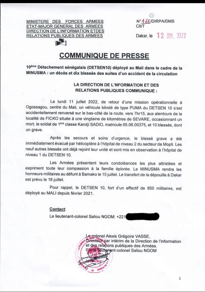 Mali : La Dirpa donne les détails sur la mort d'un casque bleu sénégalais 1 66005394 46990190