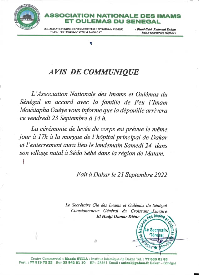 Communique de lassociation des Imams du Senegal