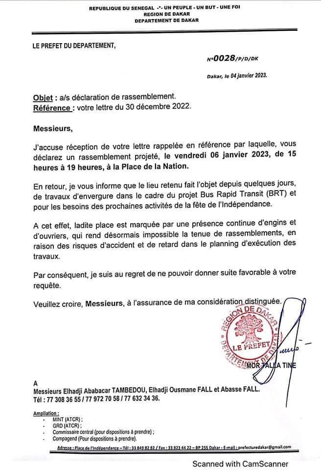 La manifestation de Yewwi Askan Wi interdite (document) 1 IMG 20230105 WA0021