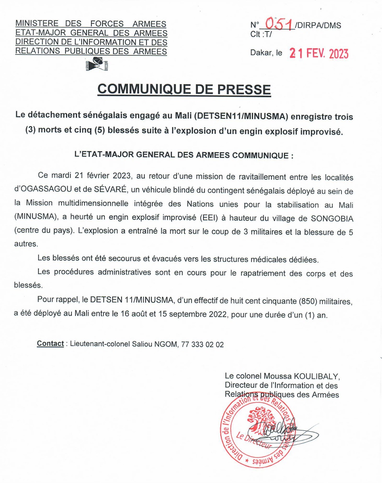 Casques bleus morts au Mali : La réaction de la DIRPA 1 20230221 191253