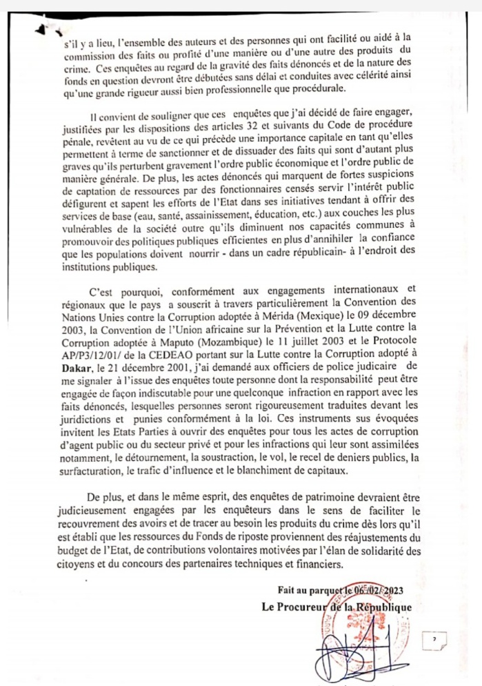 Fonds Covid-19 : Le Procureur confie le dossier à la Dic (communiqué) 2 70612753 49227691