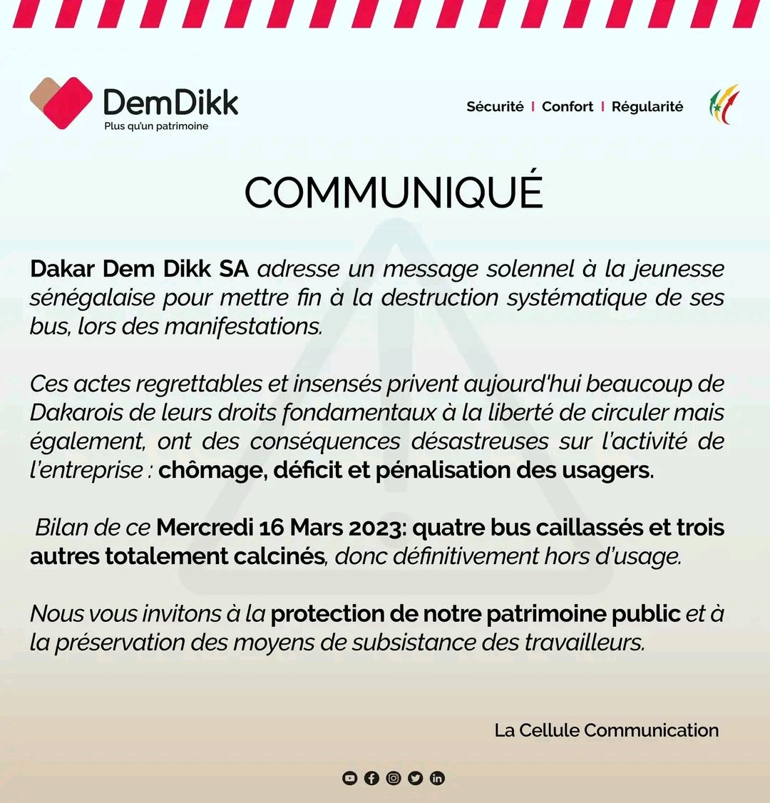 Manifs à Dakar : Quatre bus de DDD caillassés (document) 1 1679001269019
