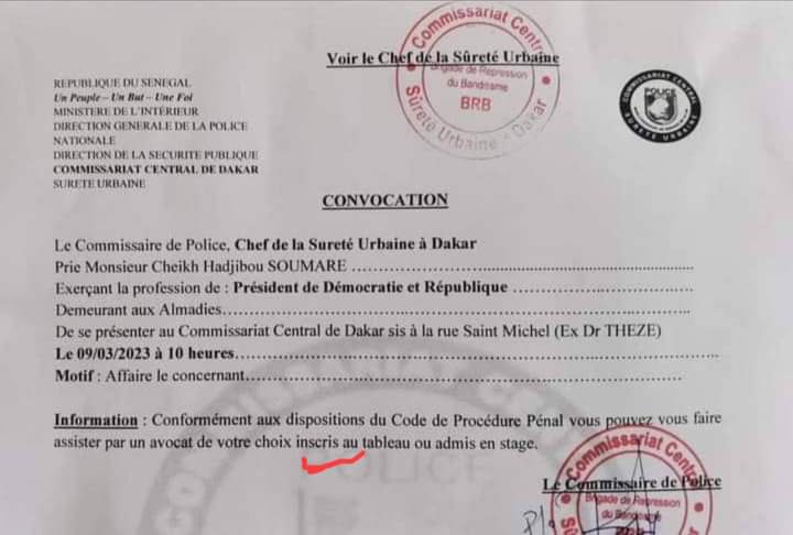 Hadjibou Soumaré convoqué par la sûreté urbaine (document) 1 20230308 184134