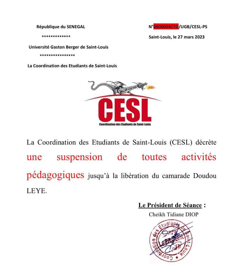 Grève à l'UGB : Les étudiants exigent la libération de leur camarade (document) 1 FB IMG 1679926022857