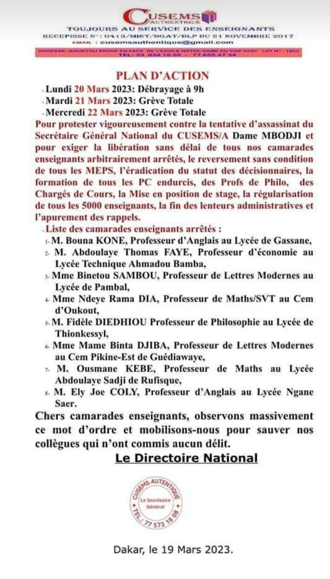 Enseignants arrêtés...le Cusems annonce une grève 1 Screenshot 20230319 205212 e1679312460763