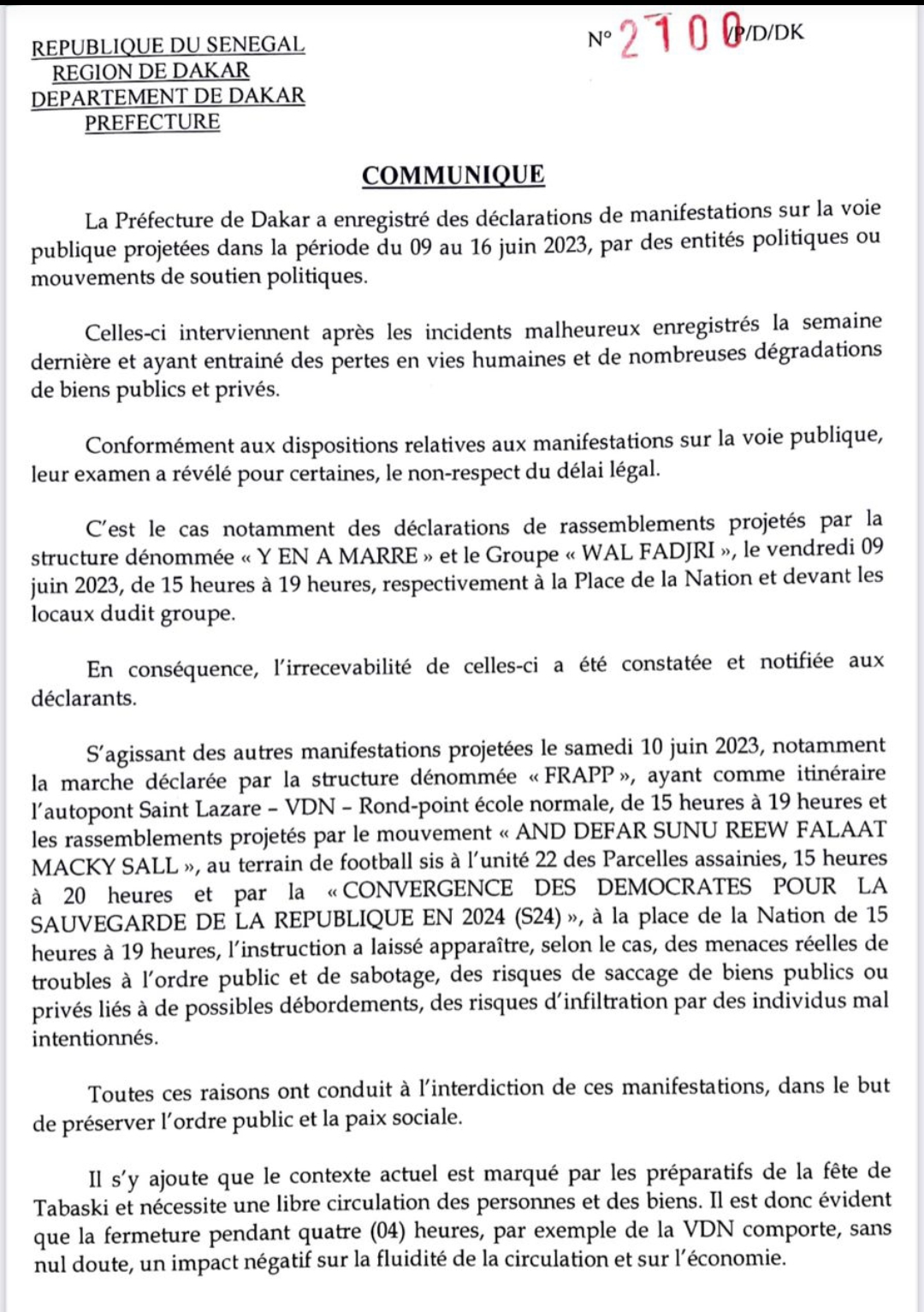 Le Préfet de Dakar interdit toutes manifestation du 9 au 16 juin 1 Screenshot 20230609 161236